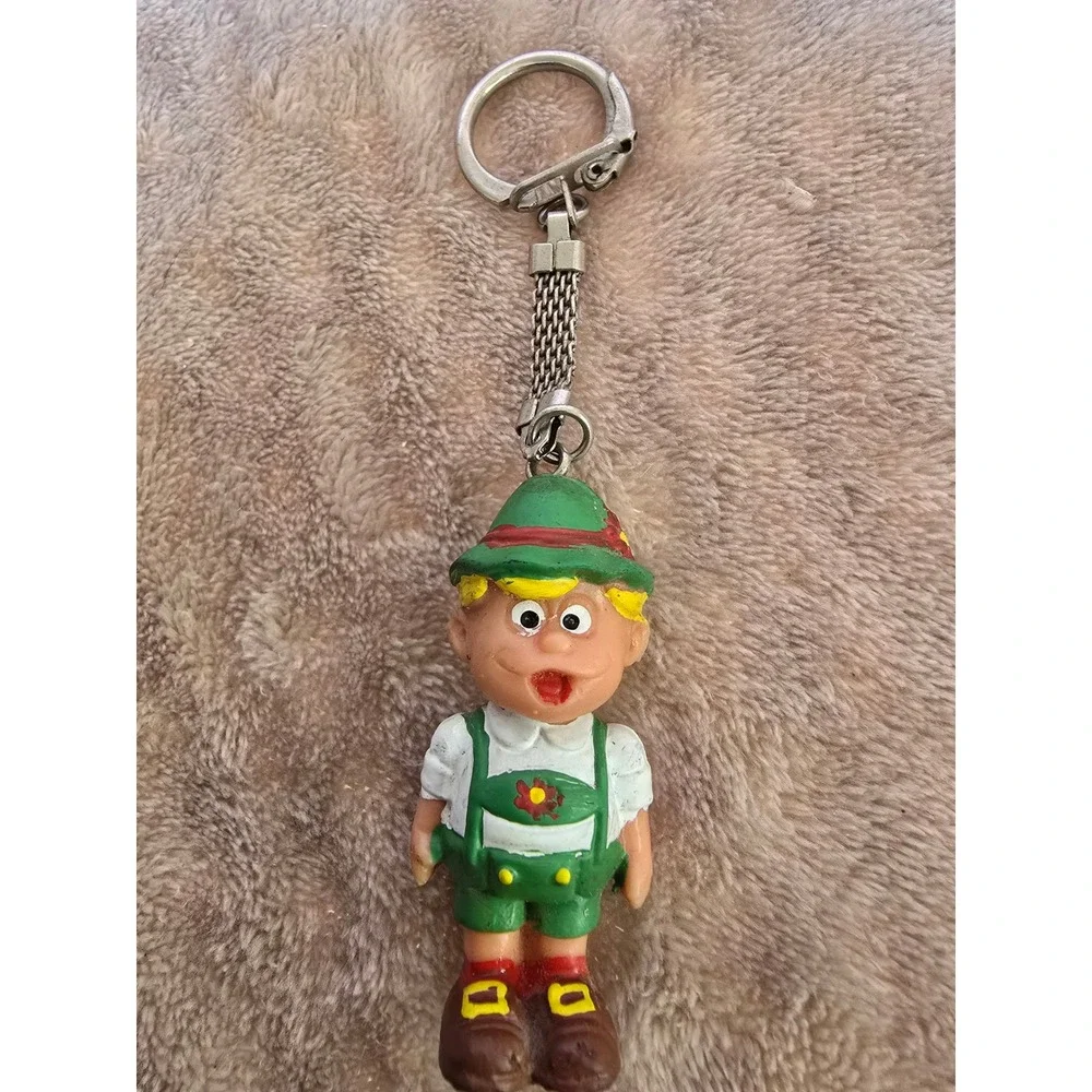 Vintage Lederhosen Boy Keychain German Bavarian Souvenir Rubber Figure Green Hat